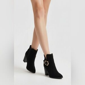 Laicigo Women's suede Chelsea Ankle Booties Black V-Cut gold buckle Pointed Toe